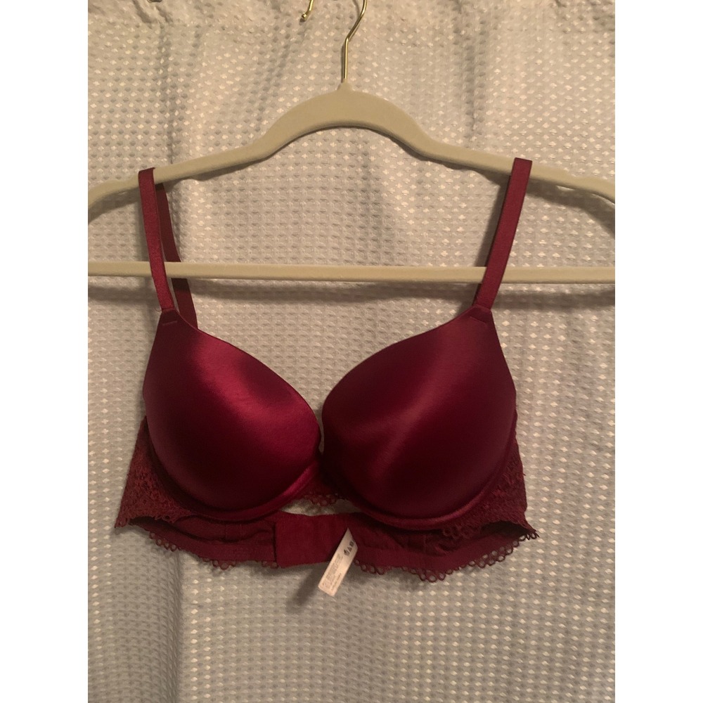 Ambrielle Plunge Pushup Bra 38B Burgundy Wine Satin Lace Trim Underwire RN93677